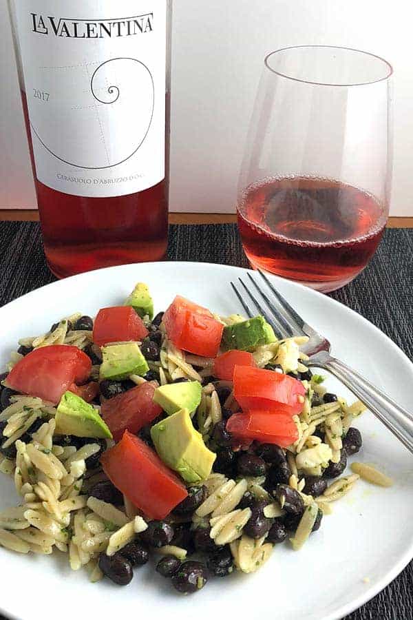 cerasuolo rosé wine paired with orzo with tomatoes and avocado.