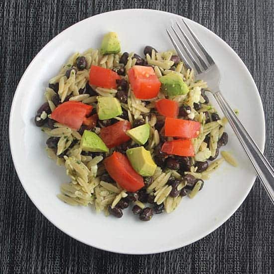 orzo with cilantro pesto, black beans and tomatoes.