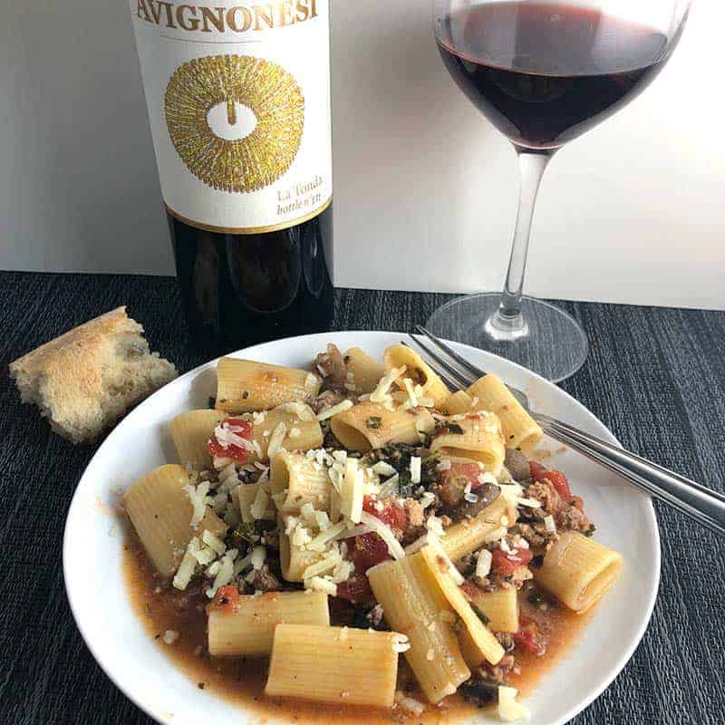 healthy bolognese paired with La Tonda red wine