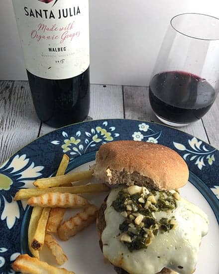 chimichurri cheeseburger with a Malbec red wine.