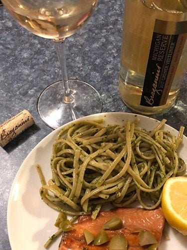 bottle of Gruner Veltliner with a plate of pasta.