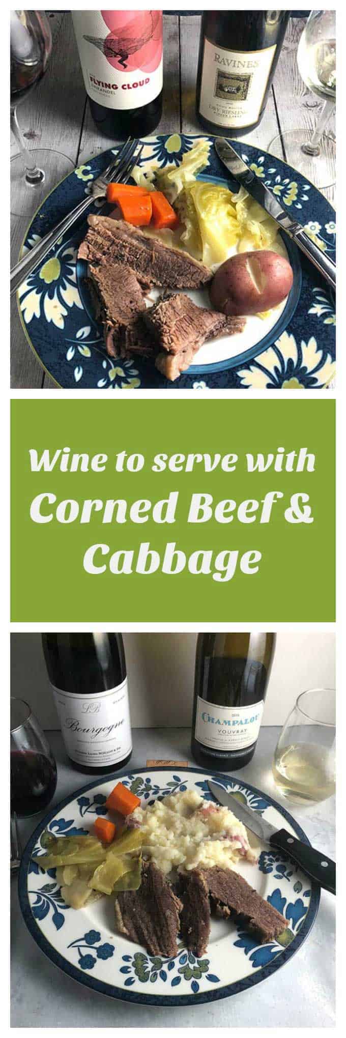 Collage with two images of wine served with corned beef and cabbage.