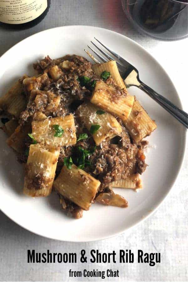 Mushroom and short rib ragu on a plate.