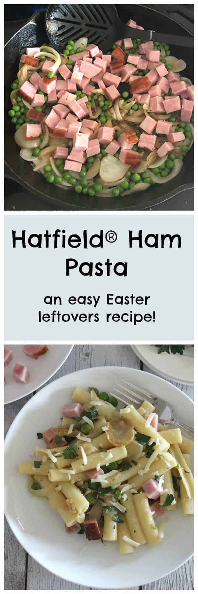 an image of ham, peas and onions in a skillet on top, and a picture of ham pasta below it.