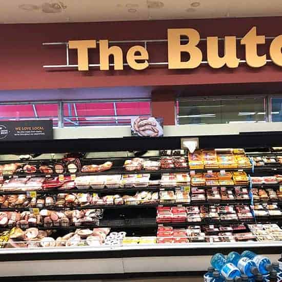 butcher section at Hannaford, with a selection of Hatfield Ham products.