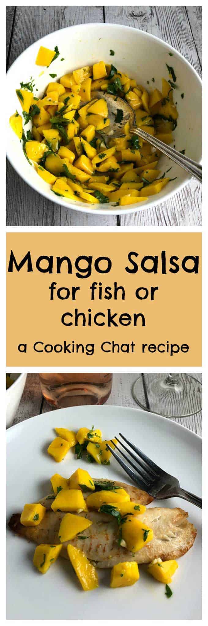 collage with a picture of mango salsa in a bowl and tilapia with mango salsa topping.