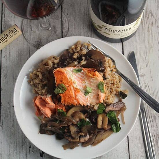 salmon with farro and mushrooms served with Pinot Noir.