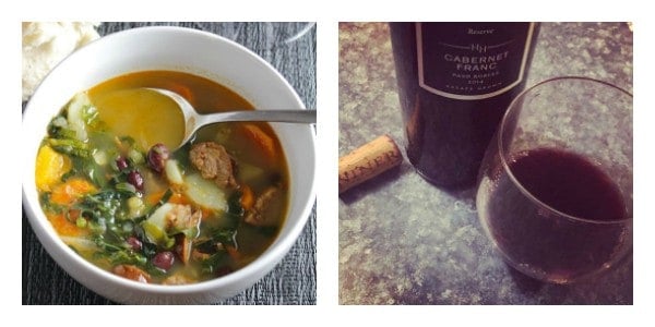 bowl of Portuguese kale soup alongside Niner Cabernet Franc wine.