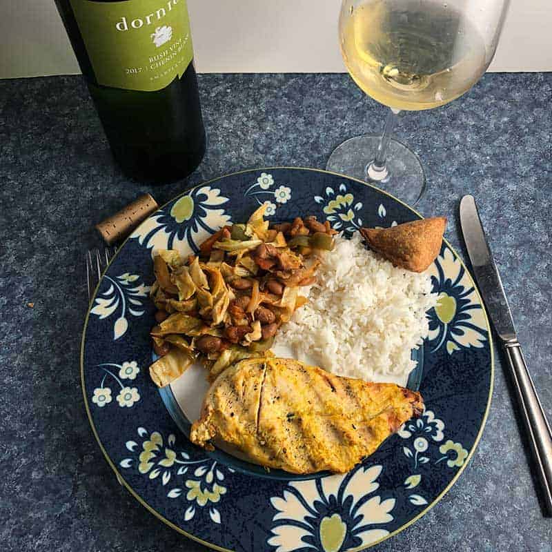 South African Chicken with chakalaka served with Chenin Blanc.