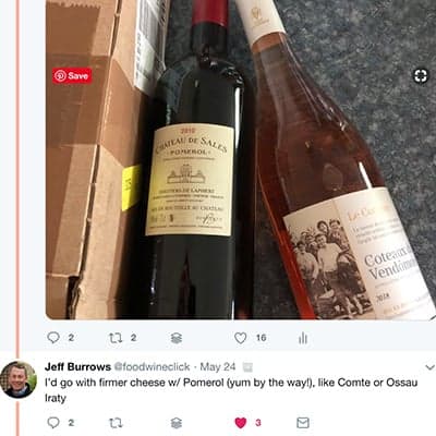 screen shot of a tweet from foodwineclick about cheese picks for French wine.