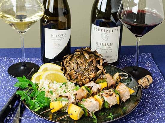 swordfish skewers with roasted artichokes and wine pairings.