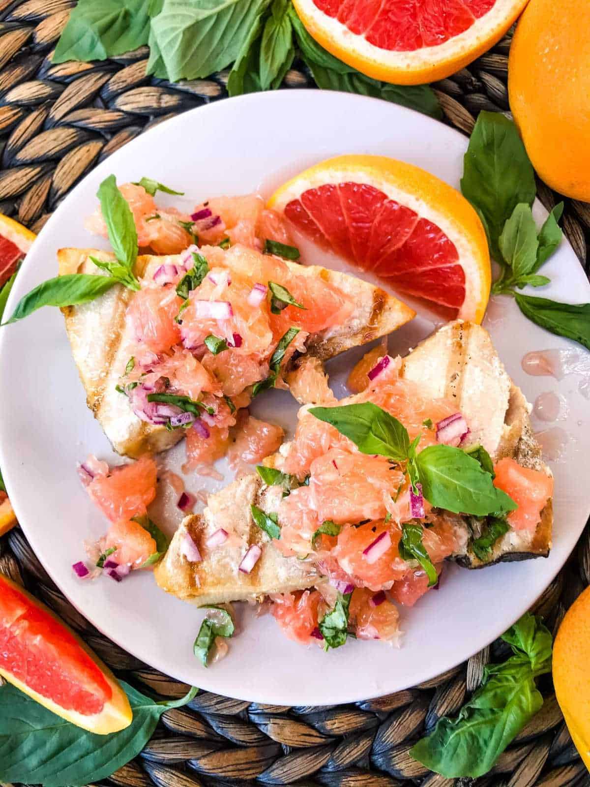 grilled swordfish with grapefruit topping.