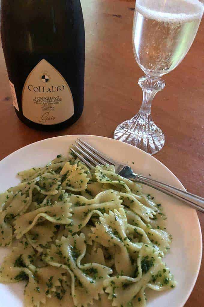 Prosecco Superiore paired with kale pesto pasta.