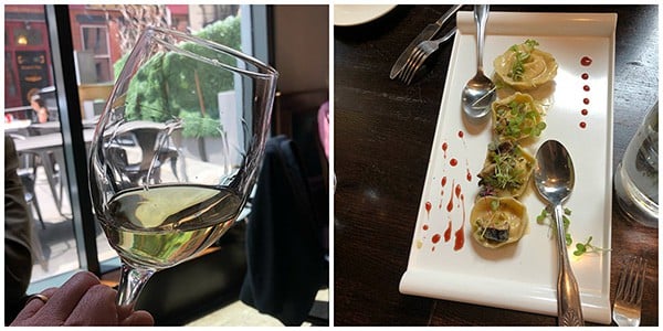 white wine paired with porchetta tortelloni at Mast' restaurant.
