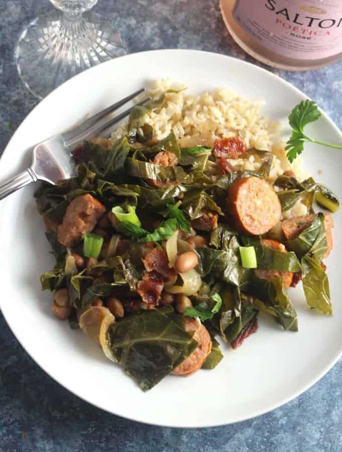 Brazilian beans on a plate served with wine.