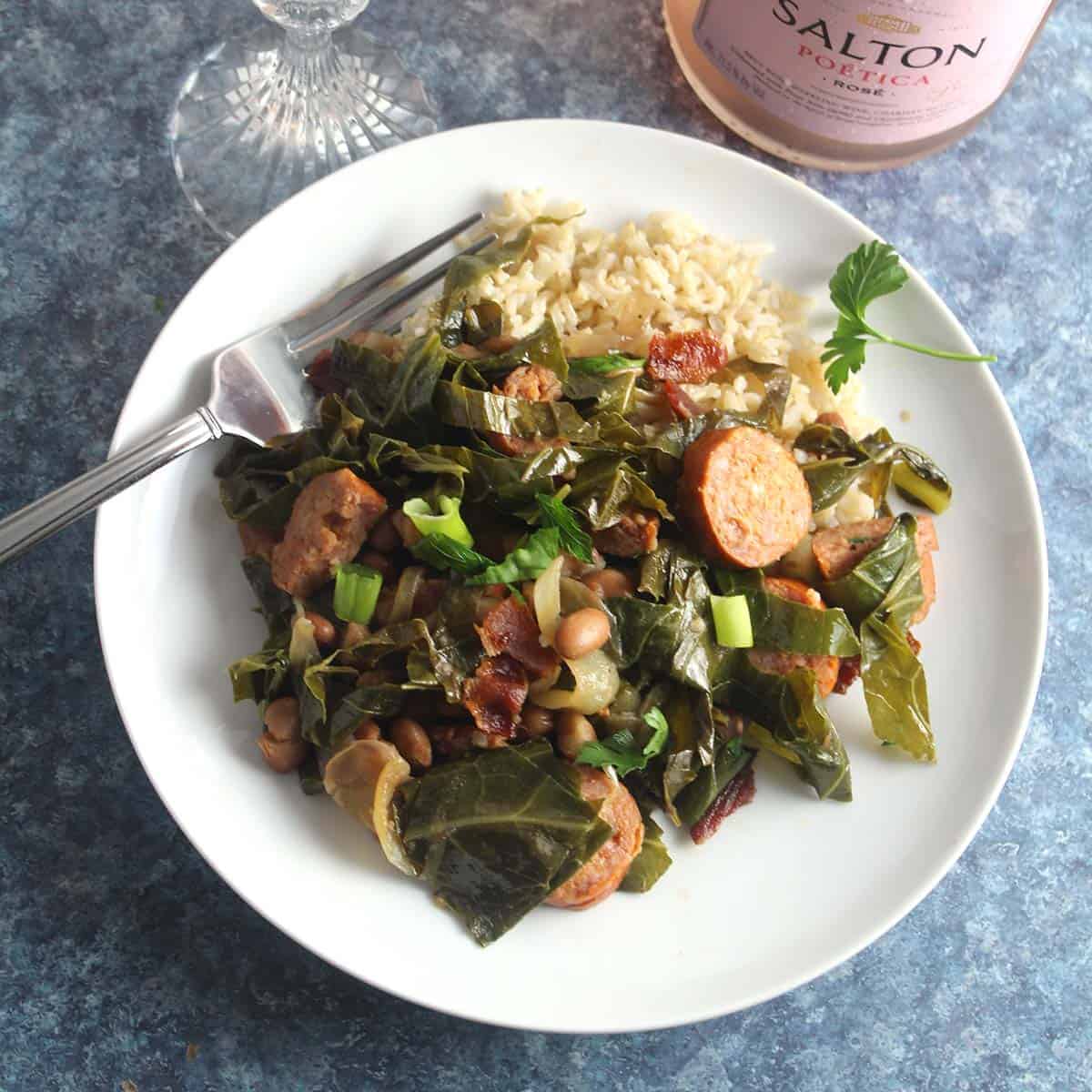 Brazilian beans on a plate served with wine.