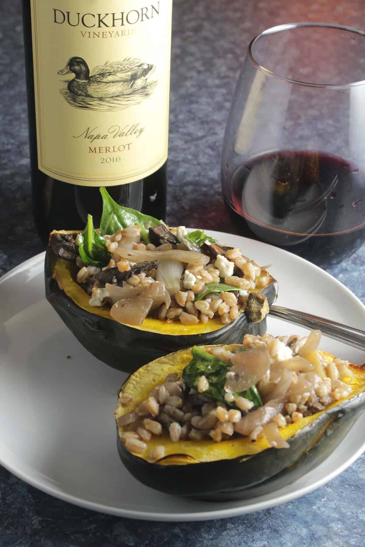 vegetarian stuffed acorn squash plated