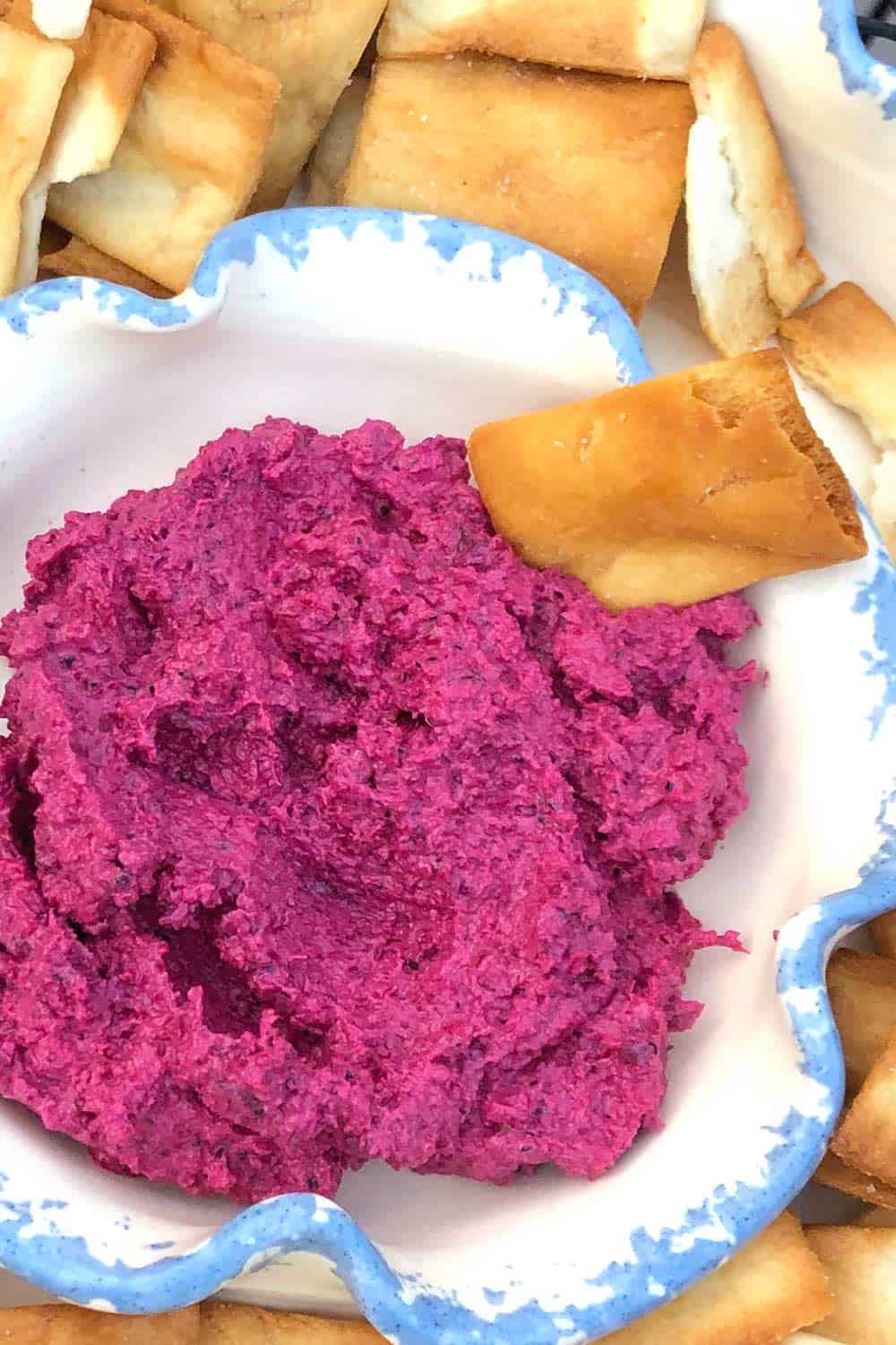 roasted beet dip in a bowl with chips