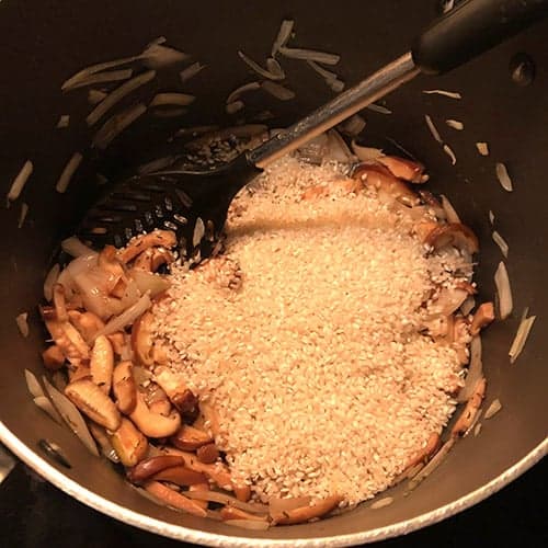 stirring mushroom risotto