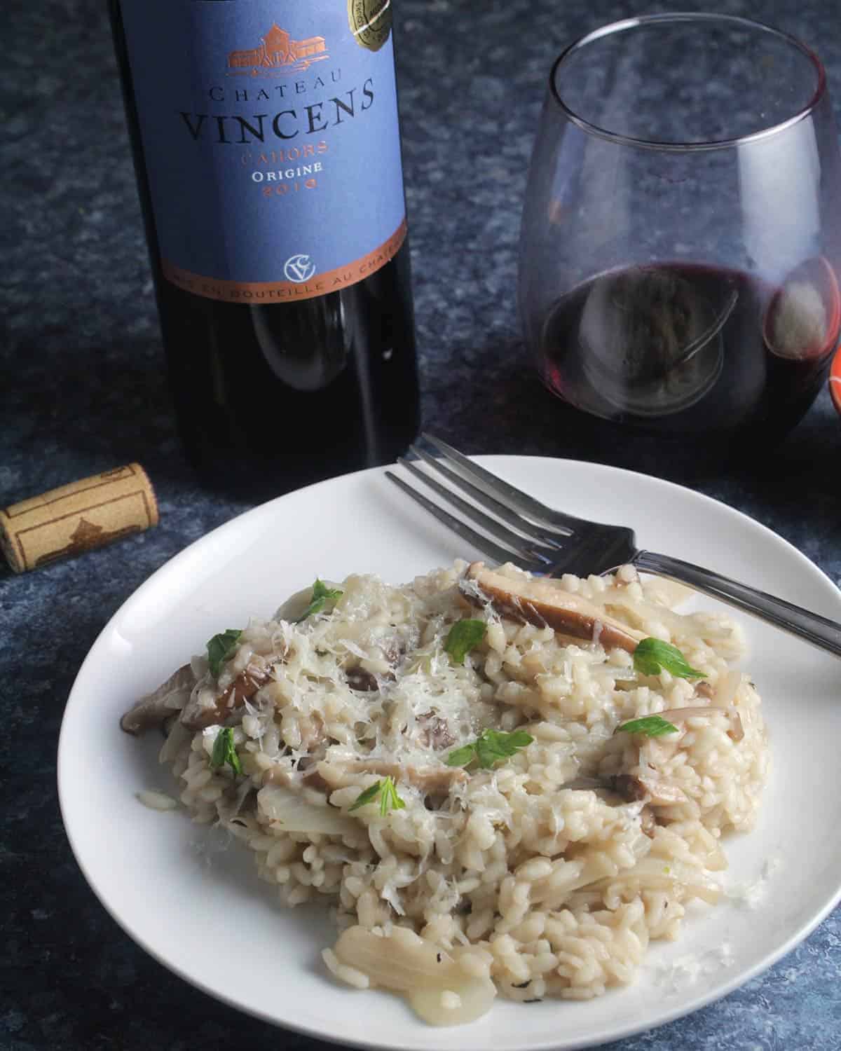 mushroom risotto paired with Cahors Malbec.