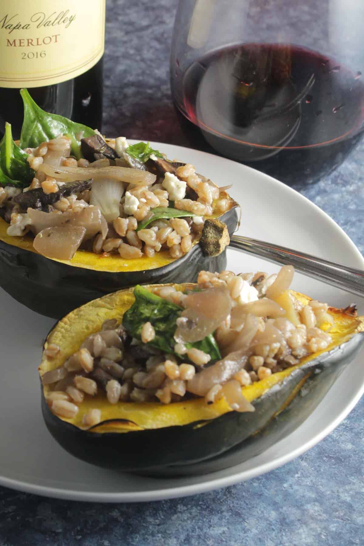 roasted acorn squash stuffed with farro and mushrooms