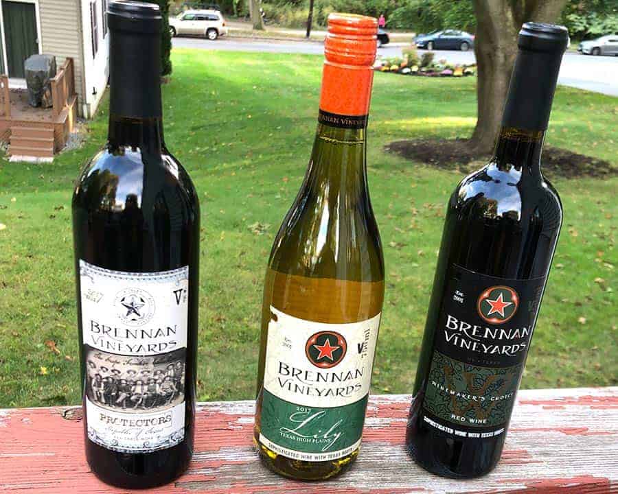 Lineup of Texas wine from Brennan Vineyards.