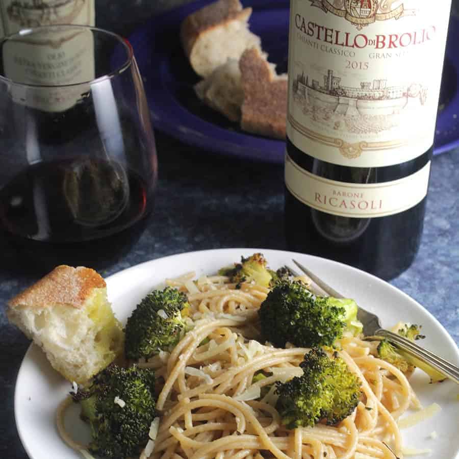 2015 Castello di Brolio Chianti Classico Gran Selezione served with broccoli pasta dish.