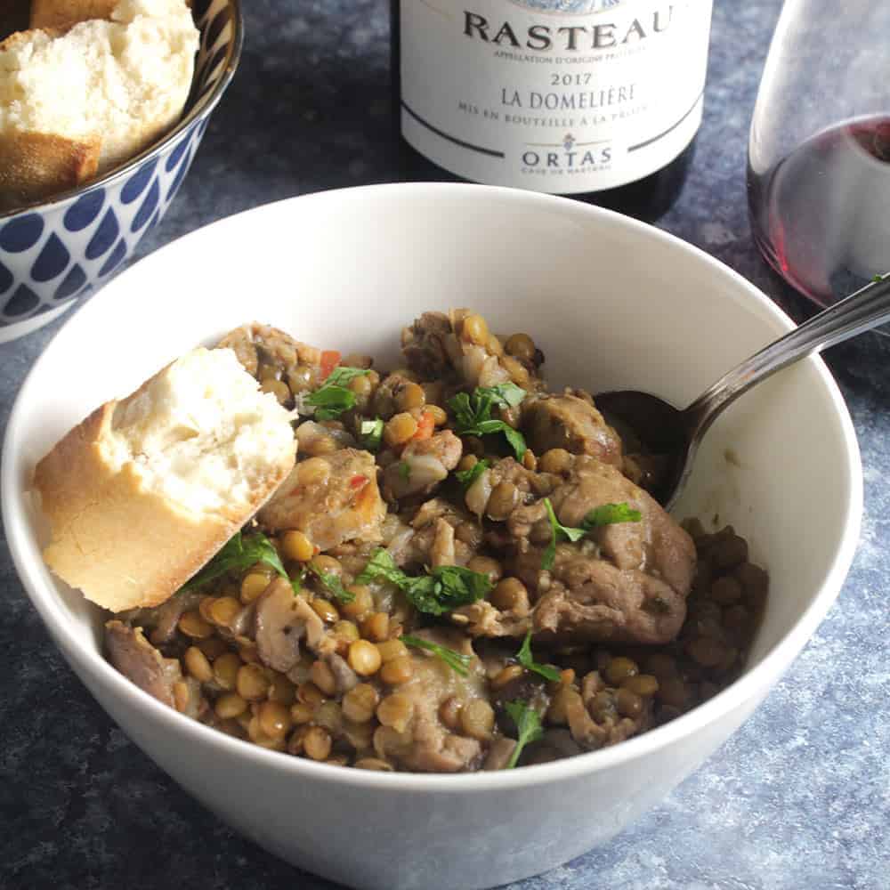 bowl of chicken and lentil stew with red wine.