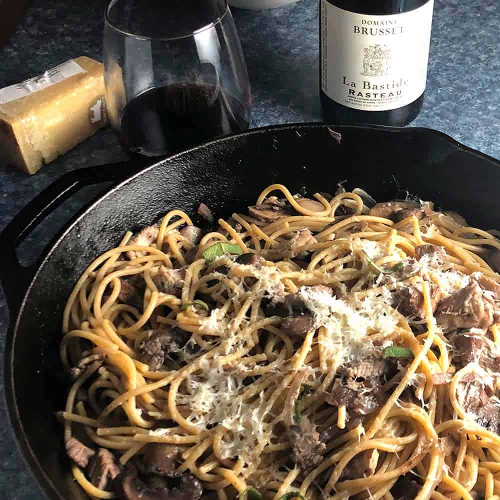 leftover turkey pasta paired with a red wine from Rasteau.