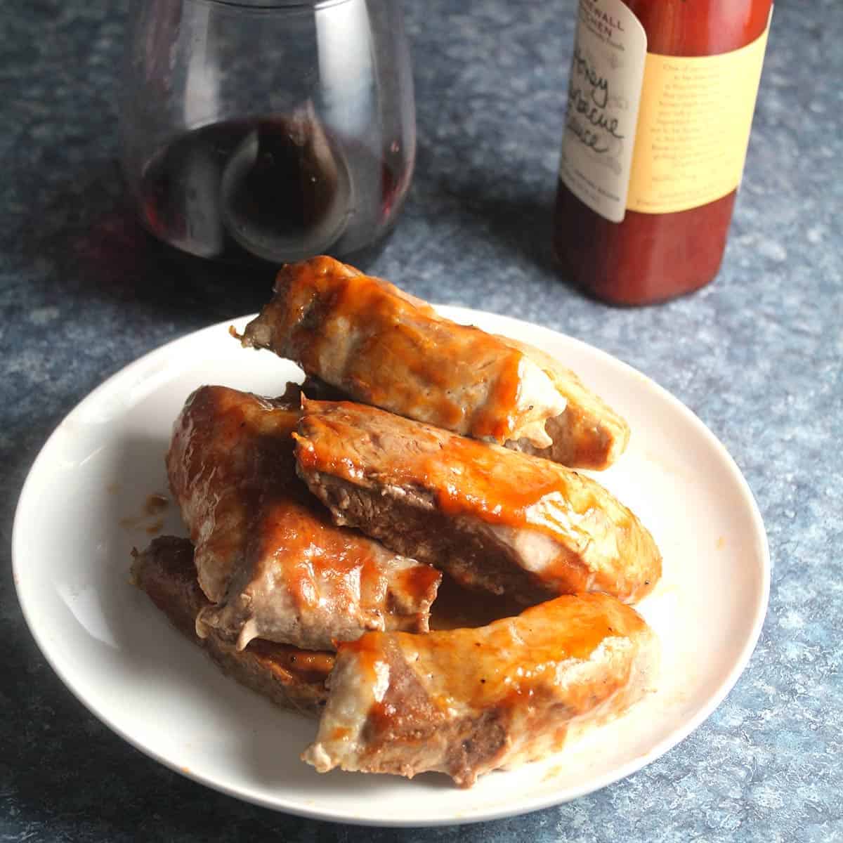 plate of boneless baked pork ribs.