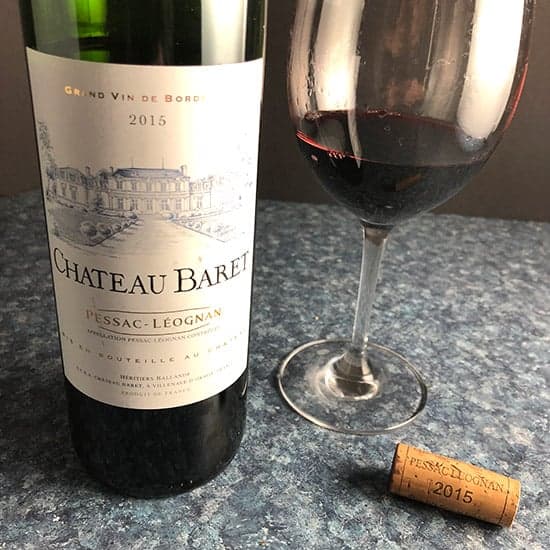 bottle of Chateau Baret red Bordeaux blend.