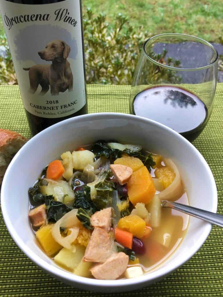 kale soup paired with red wine.