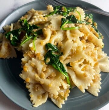 farfalle pasta with red lentils and spinach served on a gray plate.