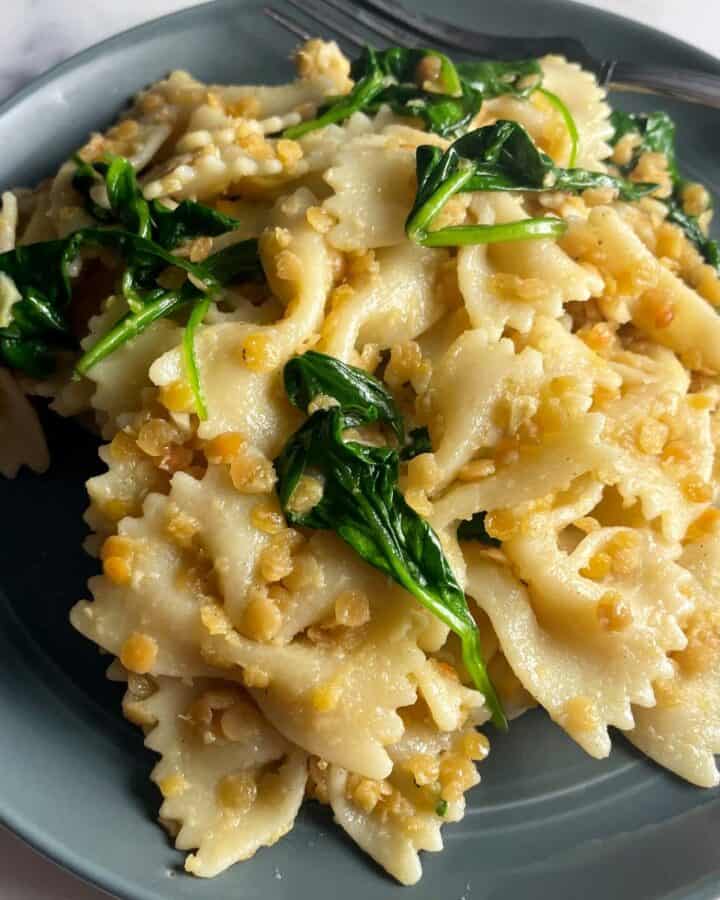 farfalle pasta with red lentils and spinach served on a gray plate.