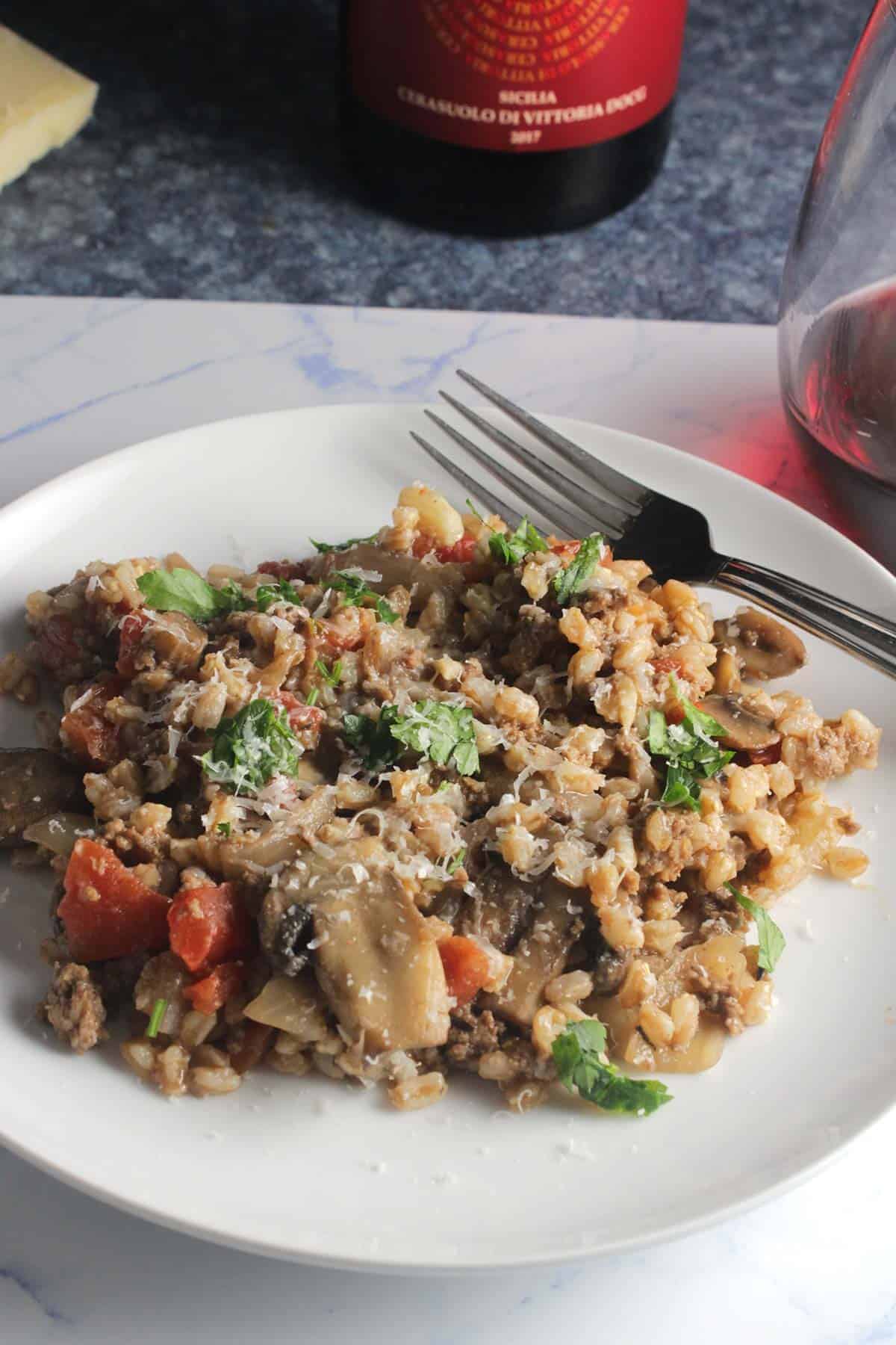 Mushroom Farro with Ground Beef - Cooking Chat