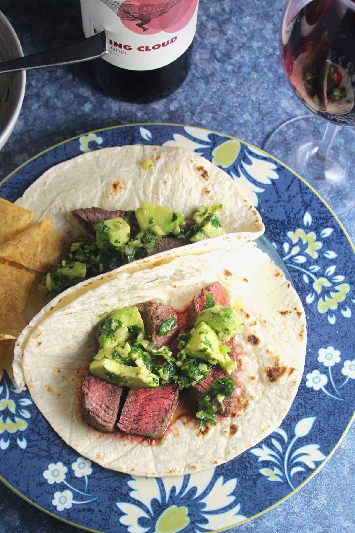 steak tacos with red wine.