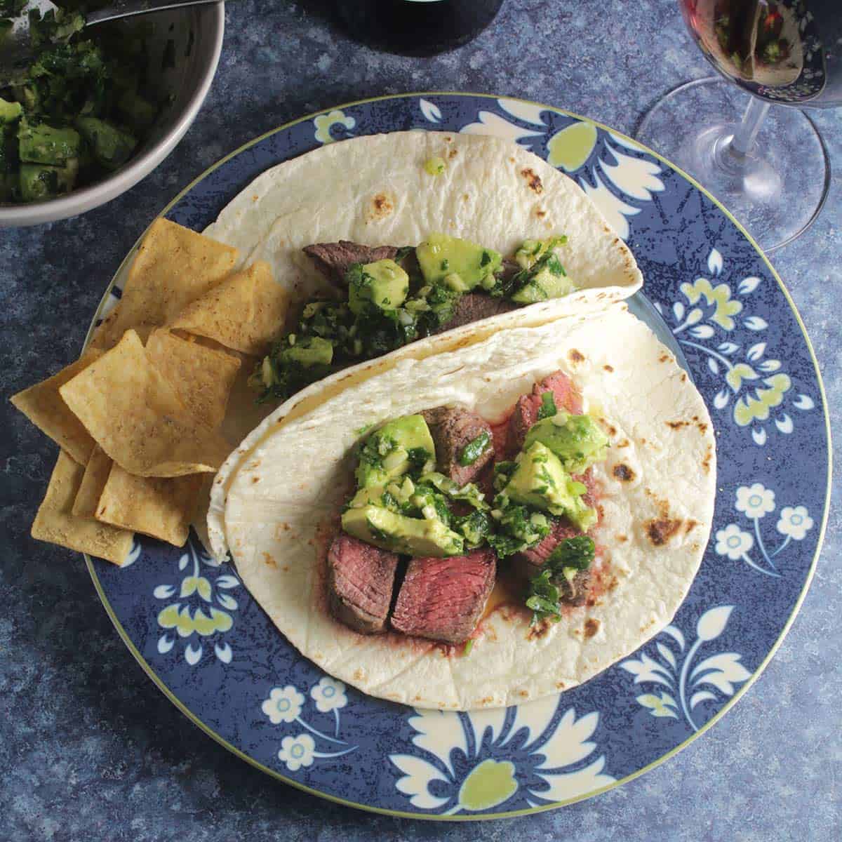 sirloin steak tacos with avocado sauce