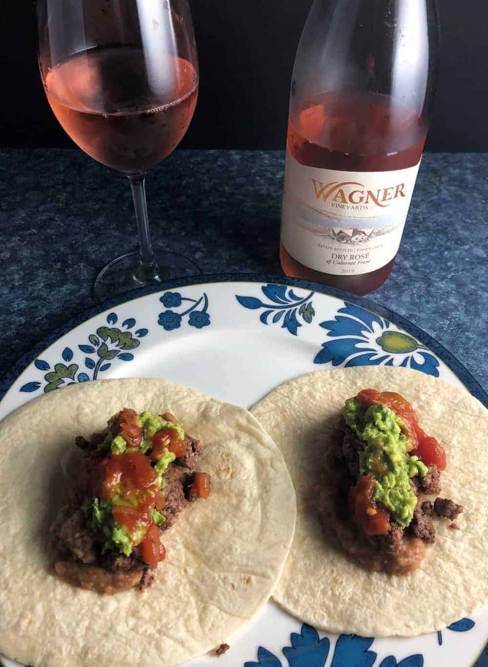 tacos paired with rosé wine.