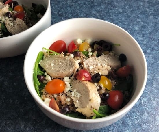 Mediterranean chicken salad in a bowl.