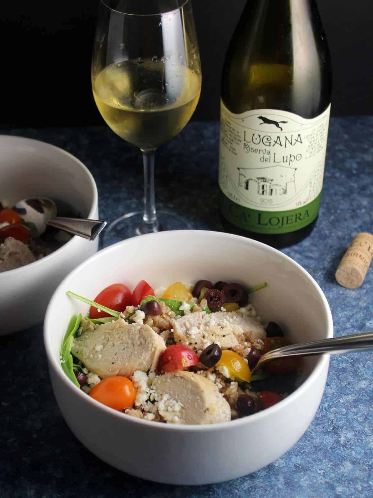 mediterranean chicken salad with white wine.