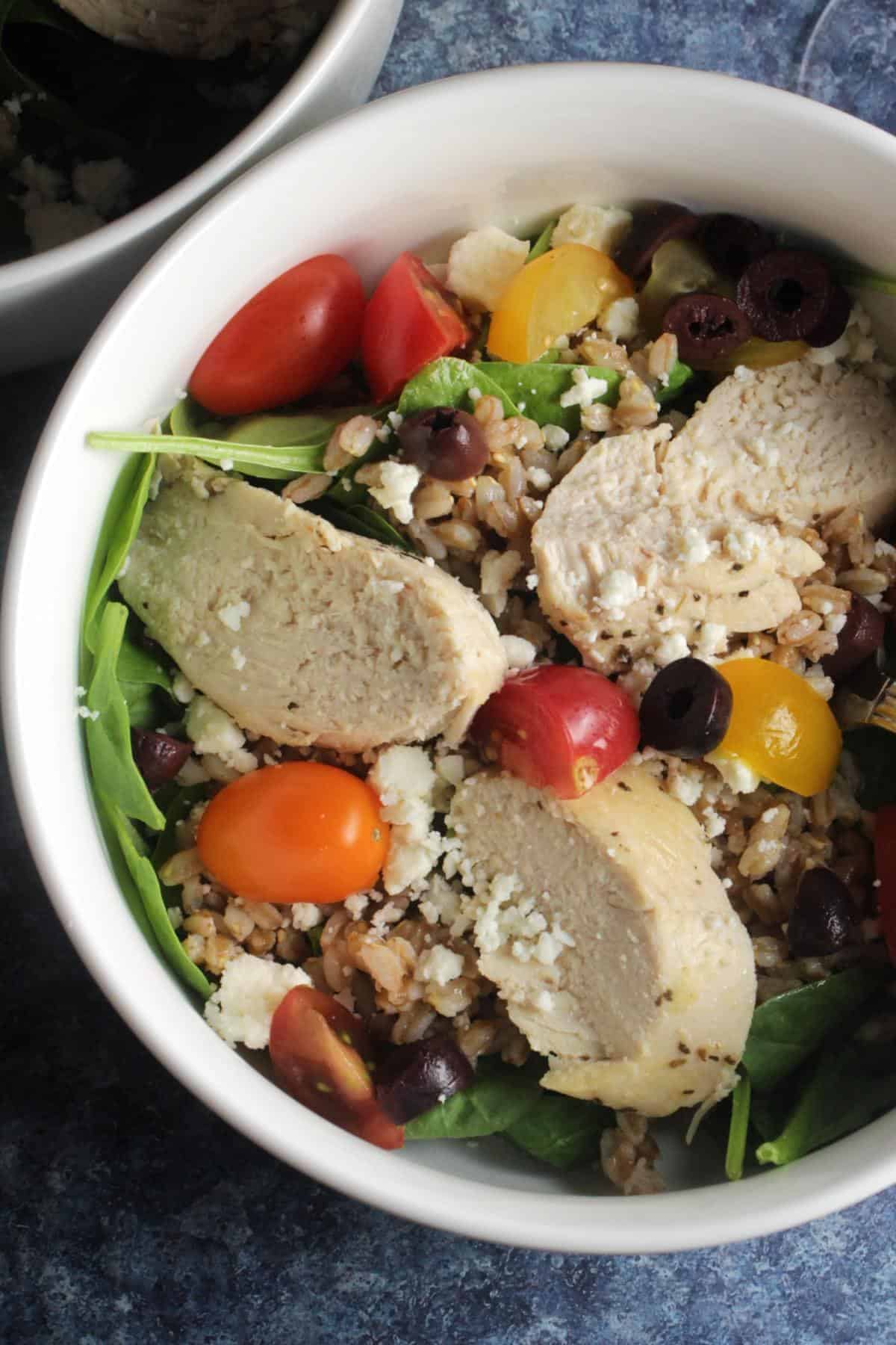 bowl of Mediterranean chicken salad.