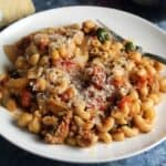 pasta with ground beef and chickpeas.