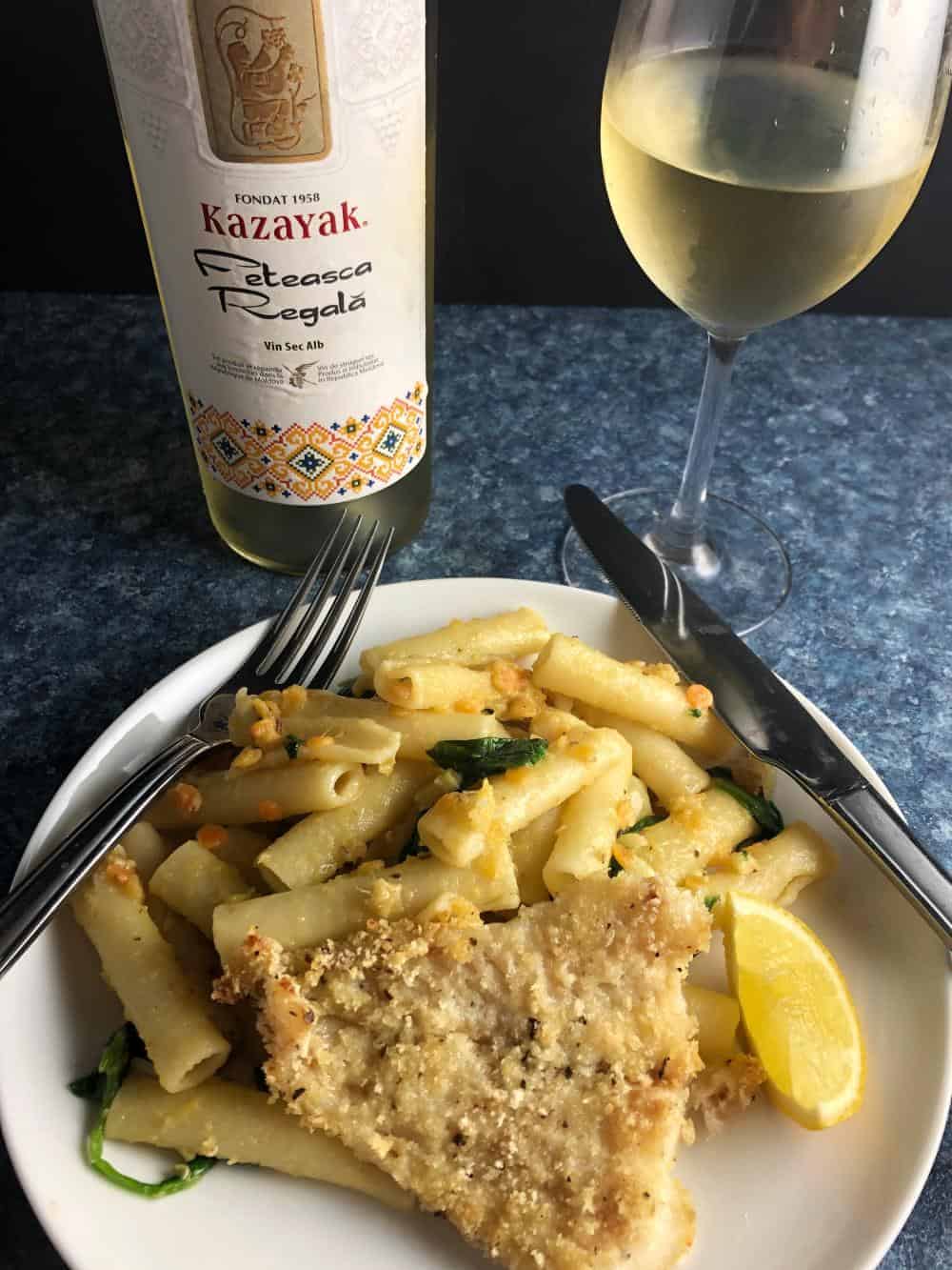 white wine from Moldova with fish and pasta.