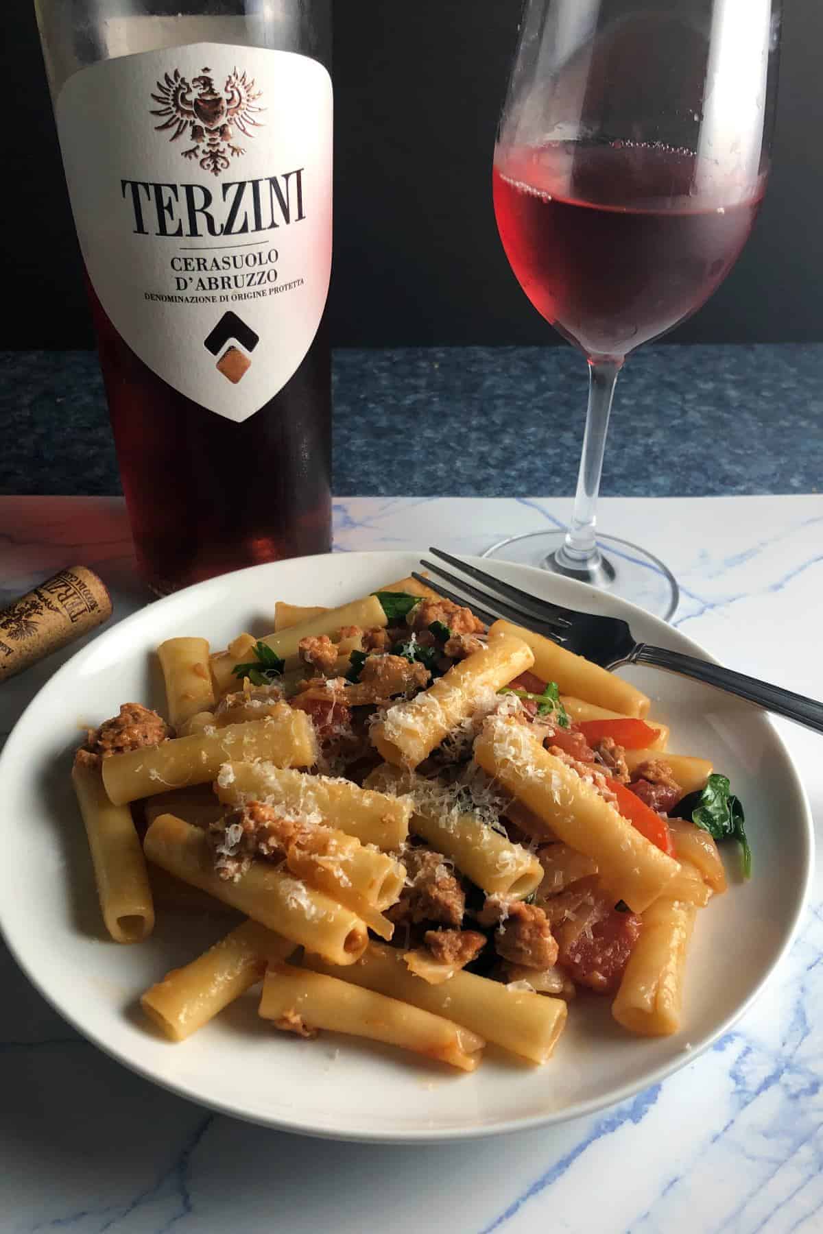 vegetarian sausage pasta paired with a rosé.