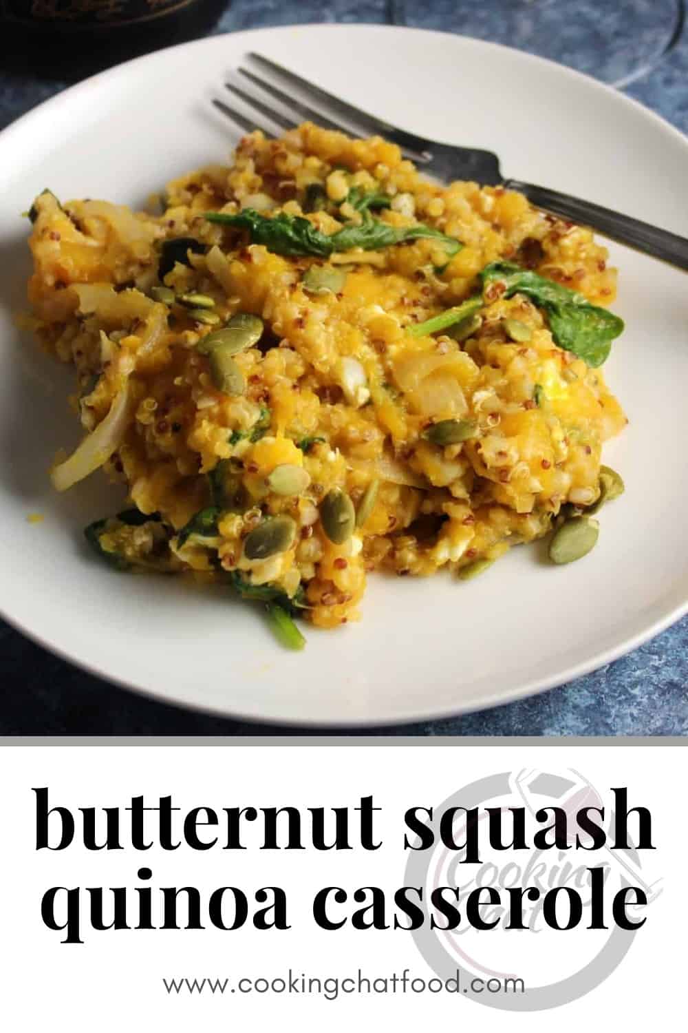 butternut squash and quinoa casserole on a white plate, with text underneath naming the recipe.