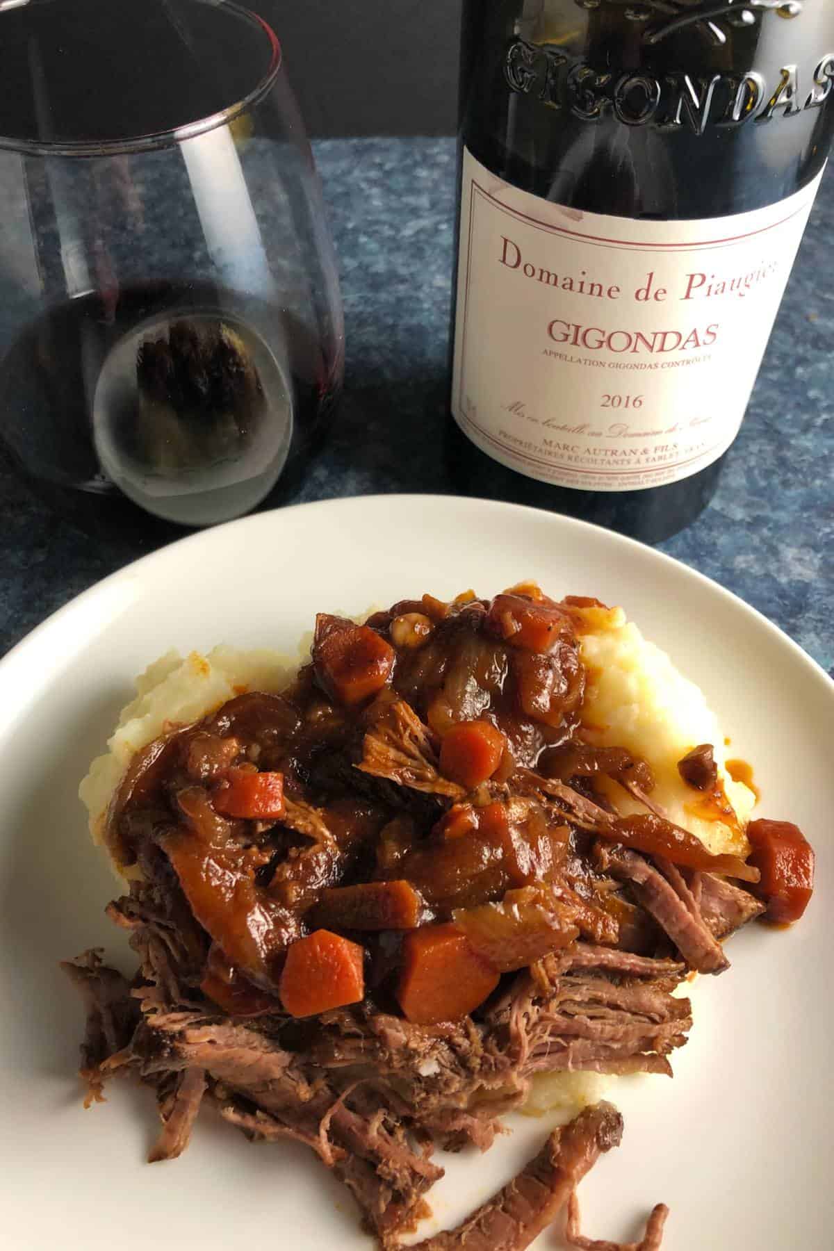 beef brisket served with a red Rhône wine.