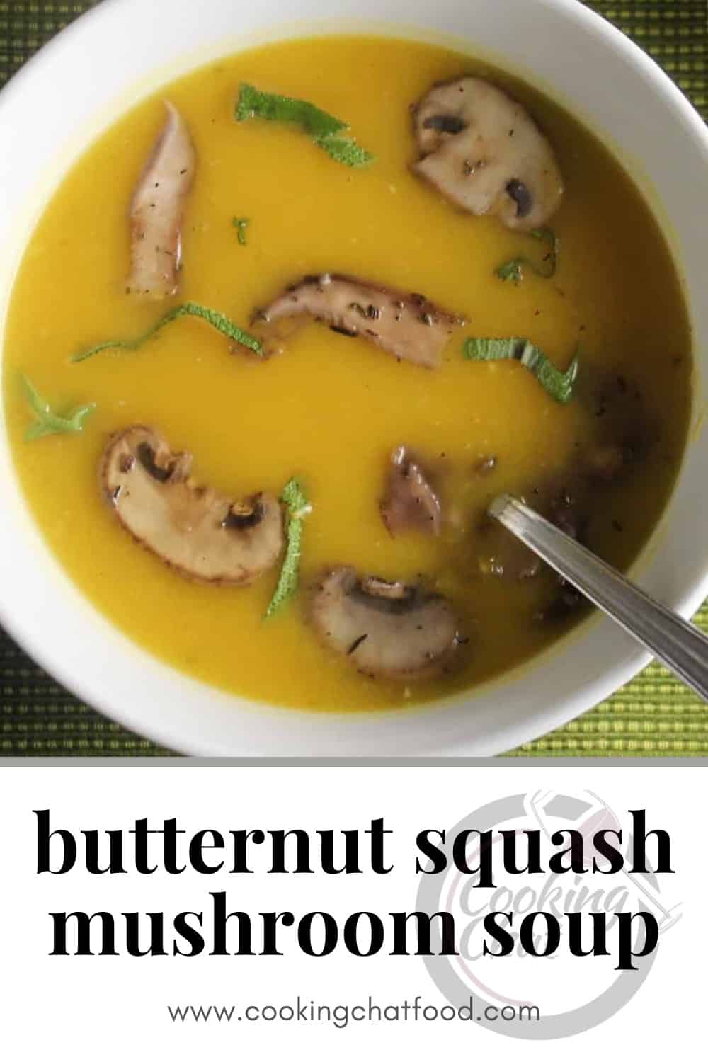 bowl of butternut squash soup with mushrooms, served in a white bowl. text underneath describing the soup.