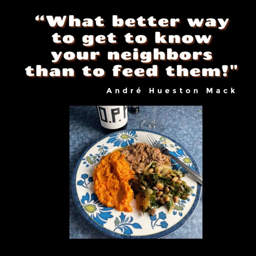 quote from André Hueston Mack along with a photo of Cooking Chat meal served with OPP Willamette Pinot Noir.