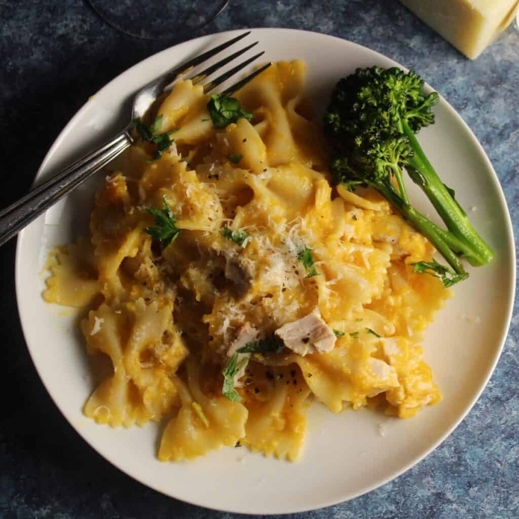 leftover squash pasta with turkey served on a white plate with a side of broccoli.