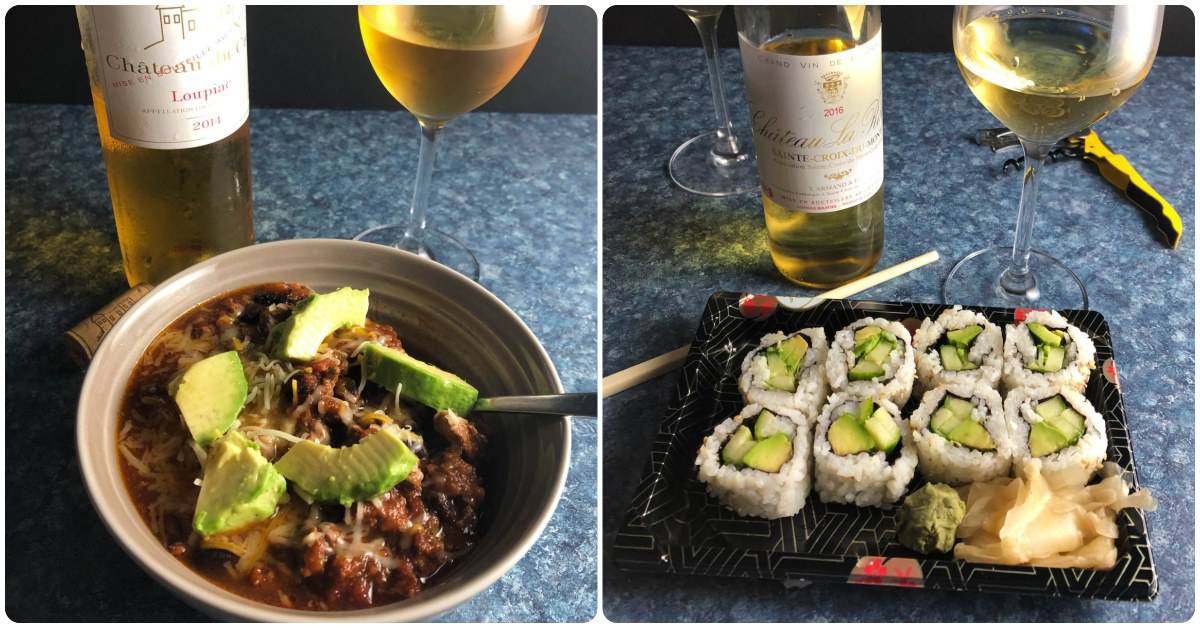 collage showing two food pairings for Sweet Bordeaux wine -- chili on the left, sushi on the right.